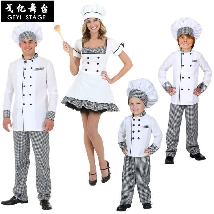 Kids Boys Chef Uniform Shirt+pants+cap Clothing Set Men Cosplay Costumes Adult women Masquerade dress Waitress Performance