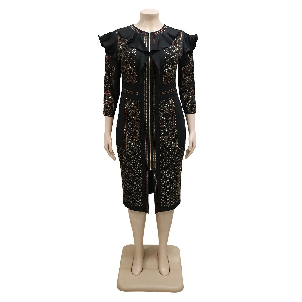4XL 5XL Plus Size Dresses for Women Big Diamond Zipper Bodycon High Waisted Elegant Business Work Wear Office Ladies Dress Cloth