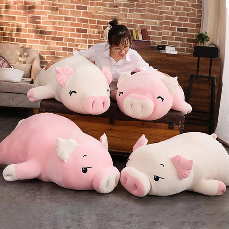 

Squishy Pig Stuffed Doll Lying Plush Piggy Toy White/Pink Animals Soft Plushie 60cm with Warmer Blanket Kids Toy Birthday Gift