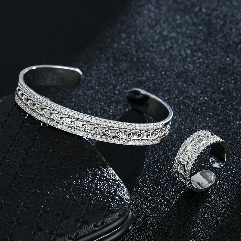 

European and American punk style chain zircon fashion sense of personality everything matching open bracelet ring suit