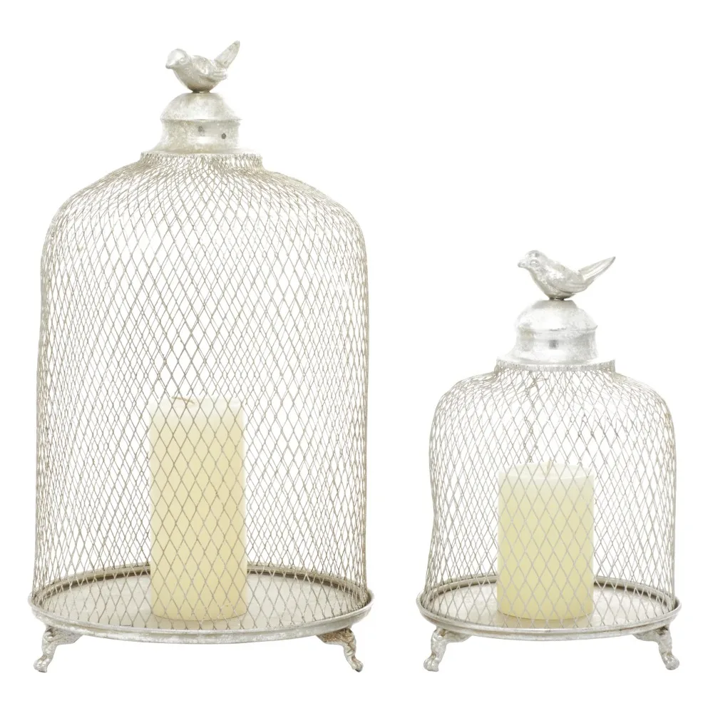 

Set of 2 Holder Silver Metal Bird Cage Style Cloche Decorative Candle Lantern With Elevated Stand Candlesticks for Candles Home