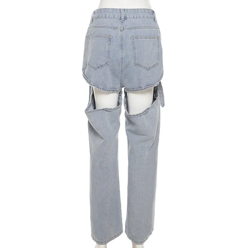 Fall 2023 New Women's Solid Color High Waist Loose Casual Hole Hollow Casual Denim Wide Leg Pants Fashionable Streetwear