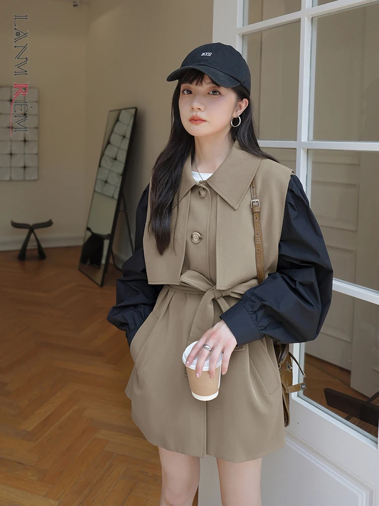 

LANMREM Trench Coat Women Color Block Lapel Single Breasted Loose Fashion Belt Windbreaker Female Clothing 2023 Autumn 2R9724