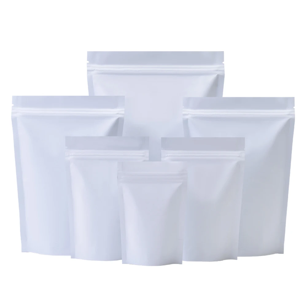 

100Pcs/Lot Matte White Aluminum Foil Stand Up Bag Food Tea Coffee Powder Dried Fruit Sweets Snacks Zip Lock Tear Notch Reusable