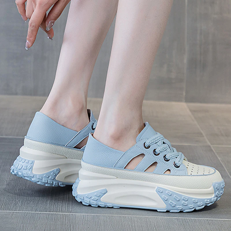 Genuine Leather 2023 Platform Wedge Chunky Sneakers Fashion Hollow Lace Mixed Color Casual Comfy Lady Hidden Heel Female Shoes