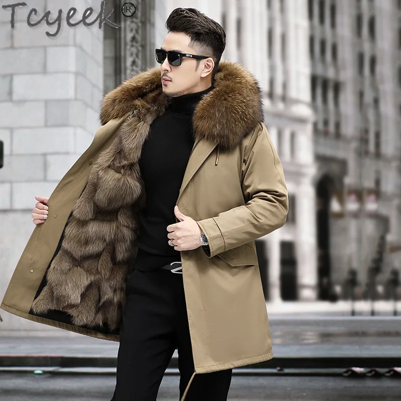 Зимняя мужская куртка Tcyeek с воротником из меха енота 2023 теплое пальто со съемной