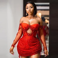 sexy red sequin transparent tulle short prom party dress long sleeve lace applique mini party dress