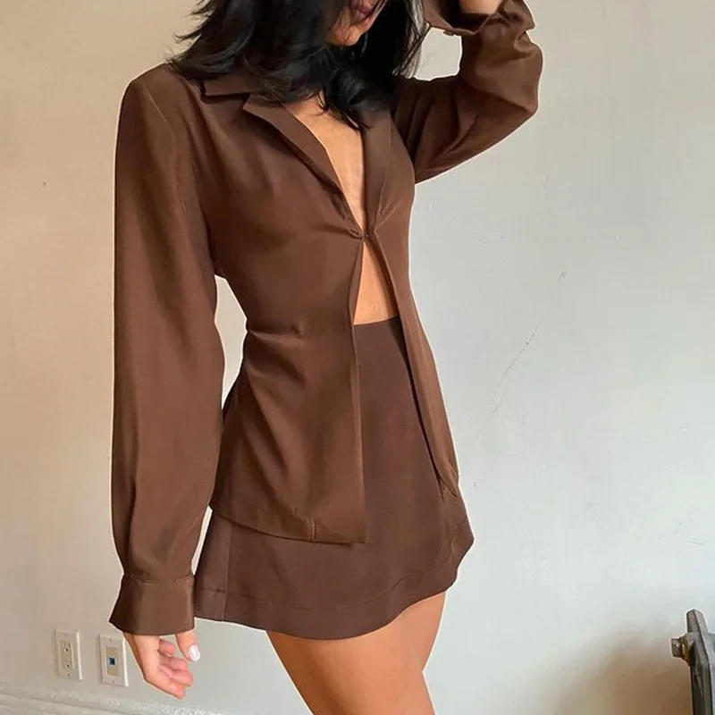 

Women's Two Piece Set Solid Color Lapel Button Top Buttocks Wrapped Short Miniskirt Fashionable Sexy Two-Piece Set