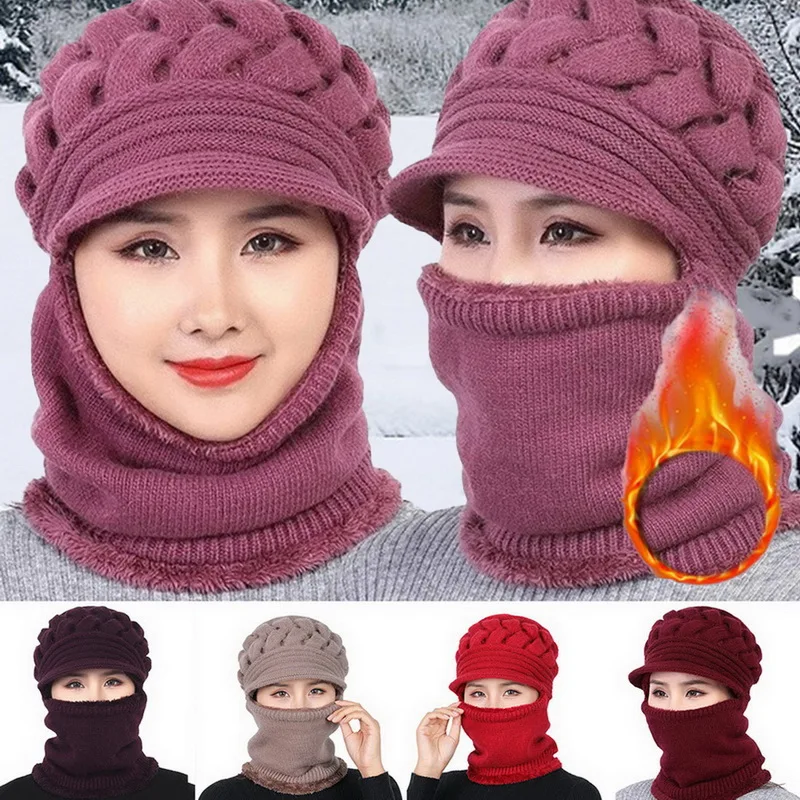 

Coral Fleece Winter Hat Beanies Women's Hat Scarf Warm Breathable Wool Knitted Hat For Women Double Layers Protection Caps