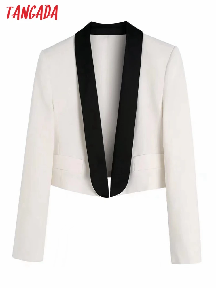 

Tangada Women Fashion White Cropped Blazer Coat Vintage Long Sleeve Front False Pockets Female Outerwear BE524