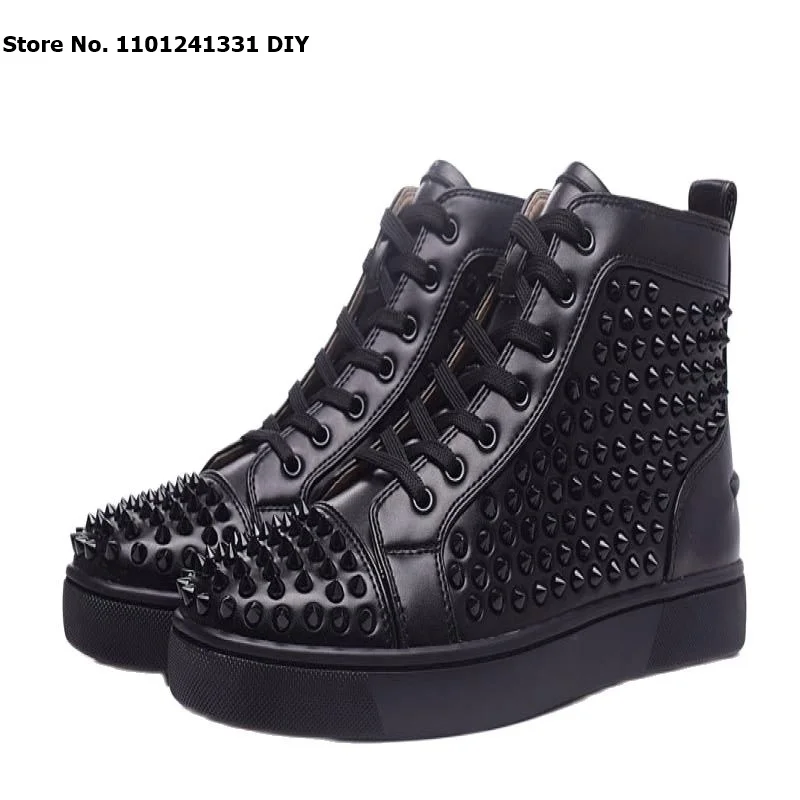

Black Real Leather Rivet Sneakers Men High Top Casual Shoes Spikes Lace-Up Zapatillas Hombre Shoes Plus Size 37-47