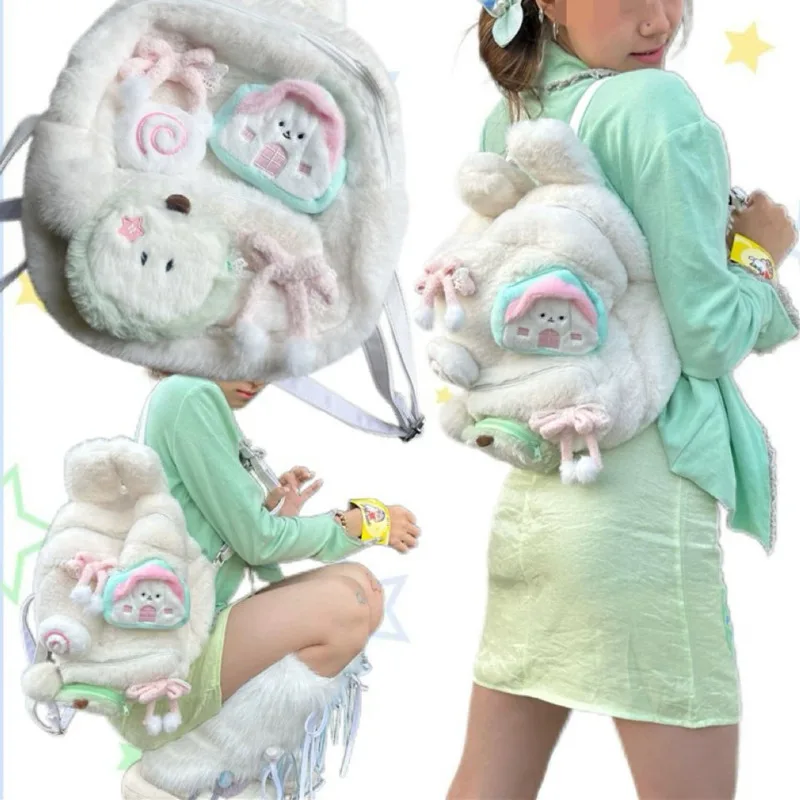 Плюшевый рюкзак с бантом Y2K Rabbit Ear Kawaii Косплей Apple Cake Plush Cute Macaron Student Back To School Girl