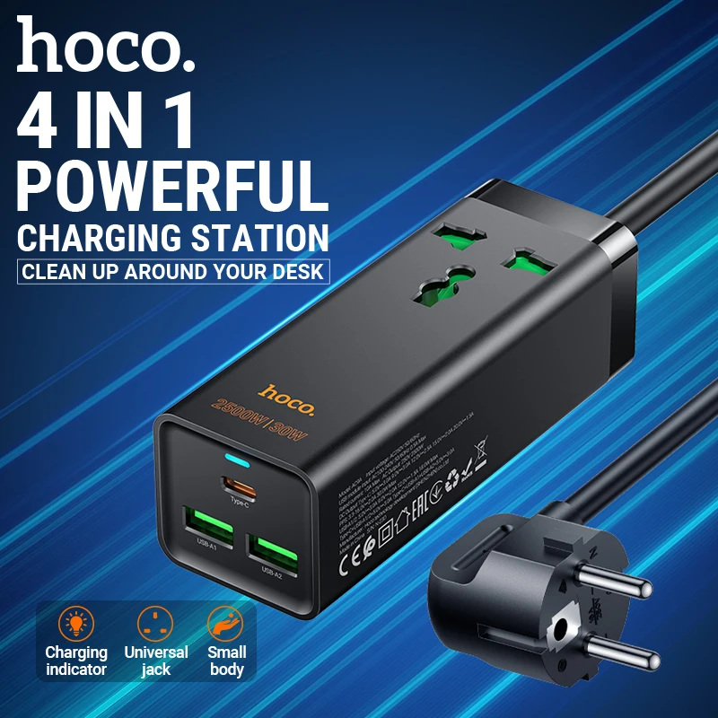 hoco AC 2500W сетевой фильтр удлинитель с одной розеткой два USB 18W ...