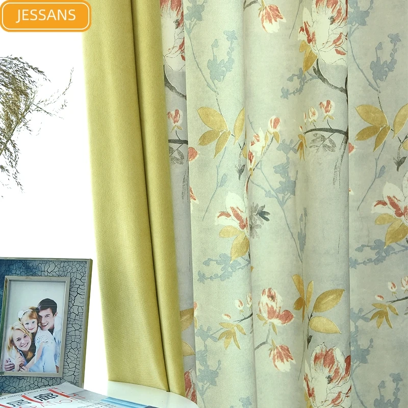 

American Pastoral Light Luxury Plum Blossom Printing Splicing Curtains for Living Room and Bedroom Customized Products