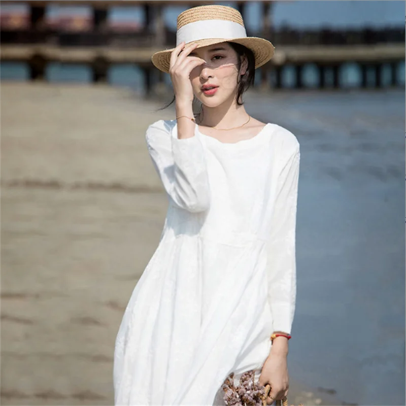 

2023 spring Korean version new loose and slim skirt cotton holiday dress women's white middle and long style artistic fresh