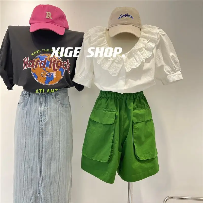 

Summer New High Waist Pocket Patchwork A-line Wide Leg Pants Solid Color Loose Plus Size Shorts Fashion Trend Women Clothing
