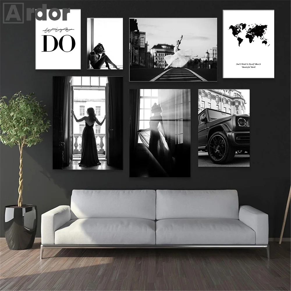 

Fashion Vintage Black And White Print Posters Car Woman Canvas Painting Nordic Poster Wall Art Pictures Living Room Home Decor