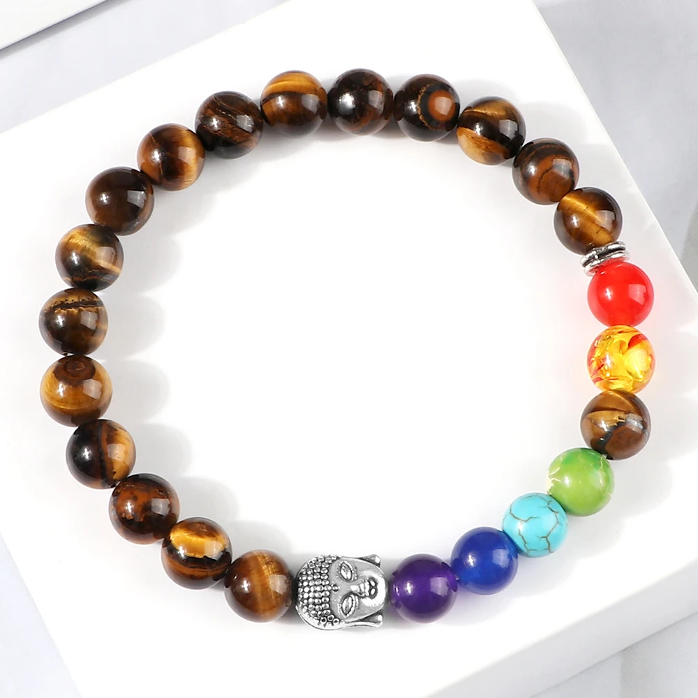 

7 Chakra Healing Bracelet Reiki Buddha Beads Natural Tiger Eye Stone Black Lava Onyx Stand Bracelets for Women Men Yoga Jewelry