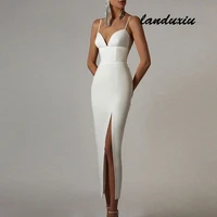 landuxiu new summer women white bodycon bandage sexy v neck spaghetti strap club celebrity evening runway party long dresses