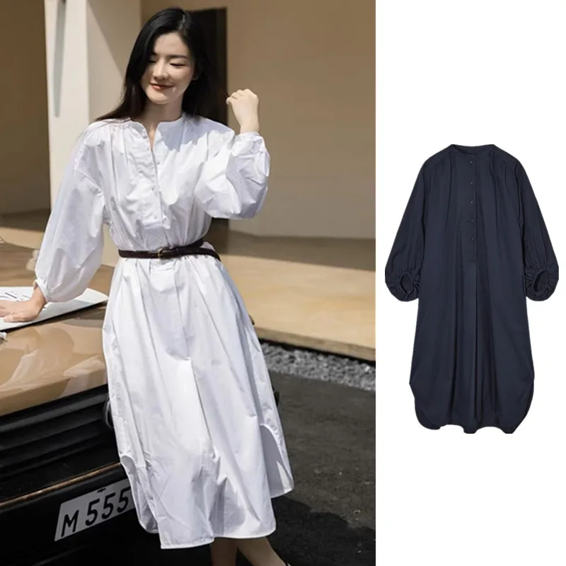 

COS LRIS spring new women's loose casual version stand collar pleated lantern sleeve long dress 1113/745/001