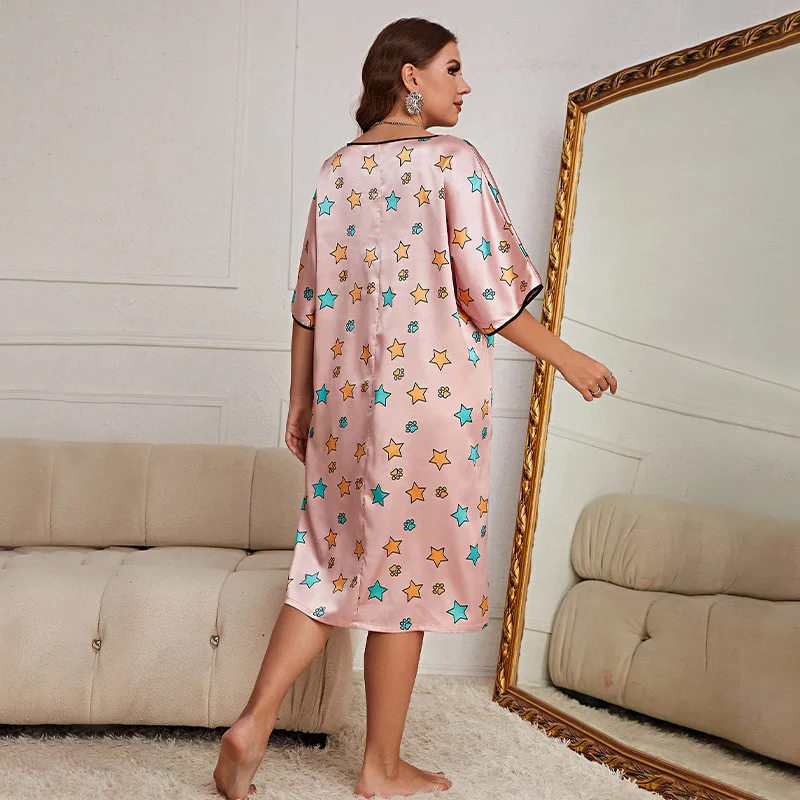 Ice Silk Nightdress Mid-length Printed Skirt Plus Size Women's Dress Summer New Home Pajamas Sleepwear