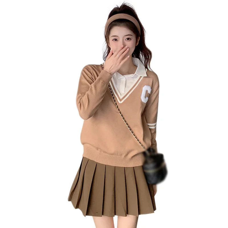 

Fake Two-Piece Lapel Knitted Sweatshirt Women's College Style Girly Age Reducing Solid Color Versatile Pullover Tops