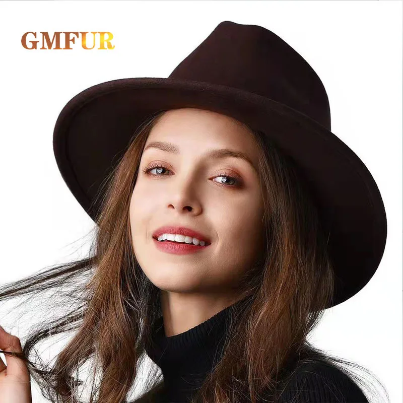 Simple Ladies Fedora Solid Color Faux Wool Fashion Jazz Hat Gentleman Elegant English Wide Brim Ladies Hat Classic Bowler Hat