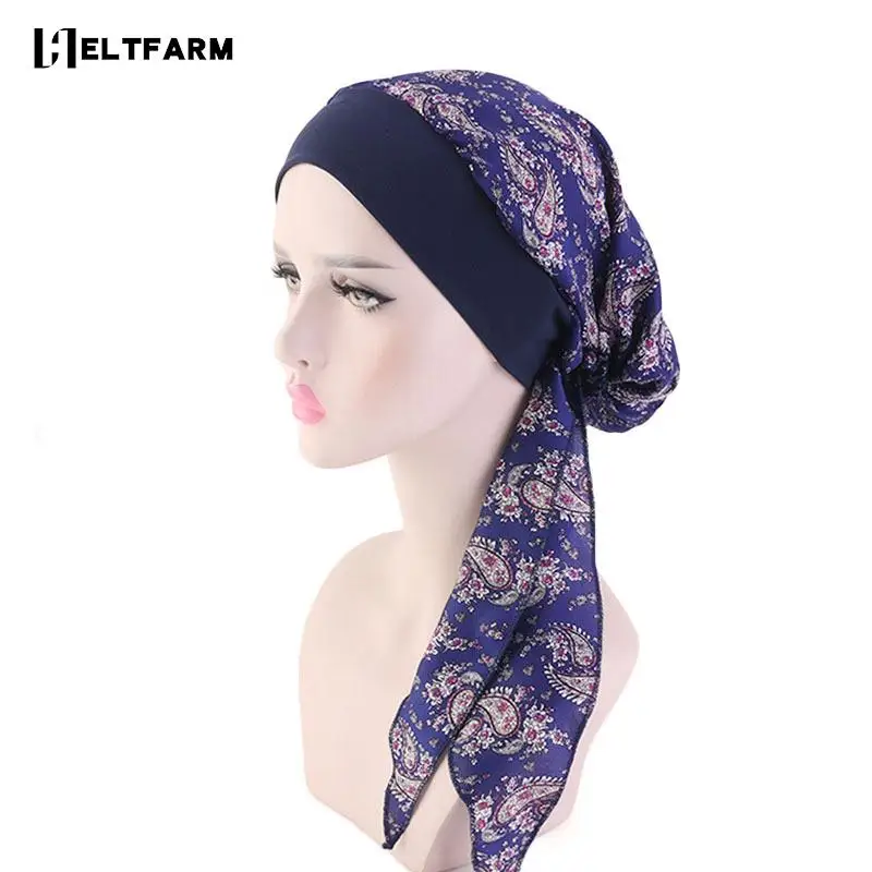 

Women Simulation Silk Ethnic Elastic Print Turban Hat Pre-Tied Headband Braid Cap Pirate Caps Adjustable Cross Knot Bandage Hats