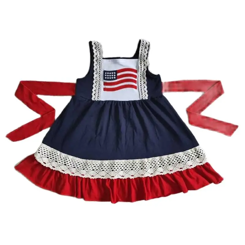 

4Th Of July Baby Girls Dress Boutique USA Flag Embroidery Tank Dress Lace Patchwork Casual Vestidos For Toddler Kids 1-14Y