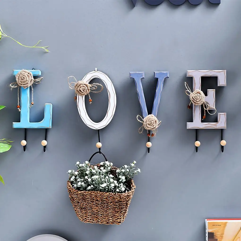 

Storage Hook Wood Iron Retro Hanger Letter Wall Mounted Coat Hook for Home Decoration