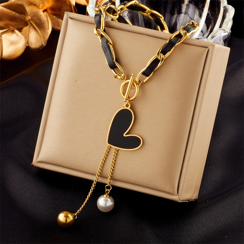 

2023 New 316L Stainless Steel Black Heart Pearl Ball Pendant Necklace For Women Fashion Girls Clasp Leather Chain Jewelry Gifts
