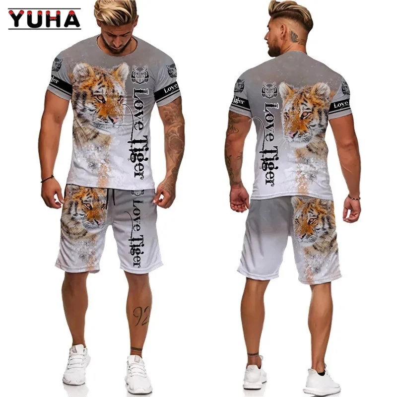 YUHA-Camiseta y pantalones cortos с 3D принтом тигра Кинг для мужчин и женщин костюм унисекс топы
