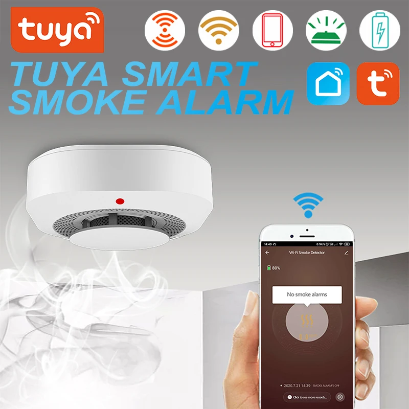 Датчик дыма Tuya, умный детектор дыма с Wi-Fi, 90 дБ, для домашней системы безопасности