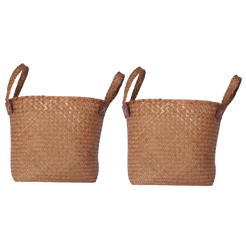 

2X Natural Round Straw Basket Bin Handmade with Handgrip Orange 33X21X26cm