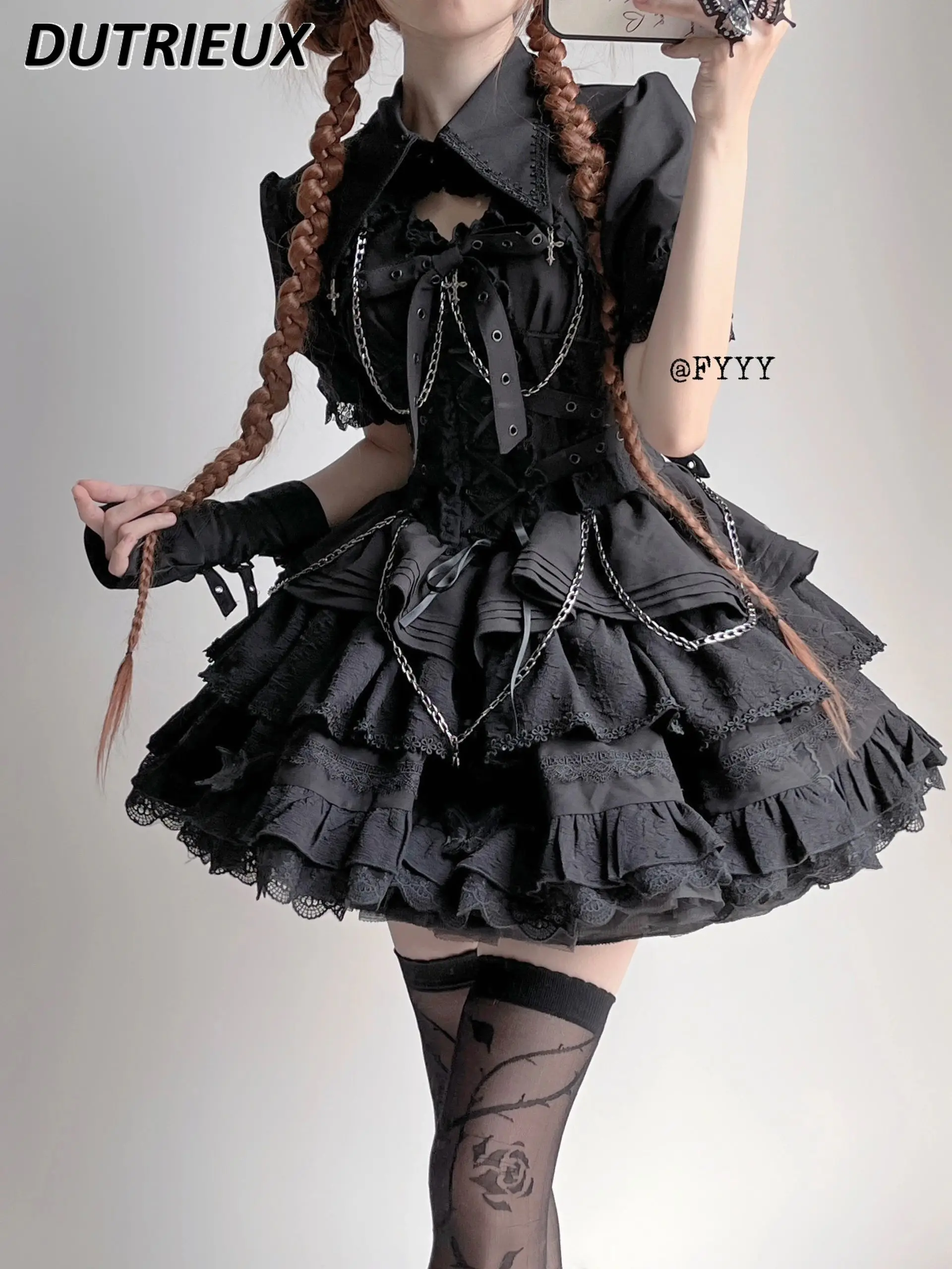 Black Gothic Style Waistcoat + Suspender Dress Lolita Suit Cool Girls Clothes Sleeveless Slimming Princess Short Dress for Women
