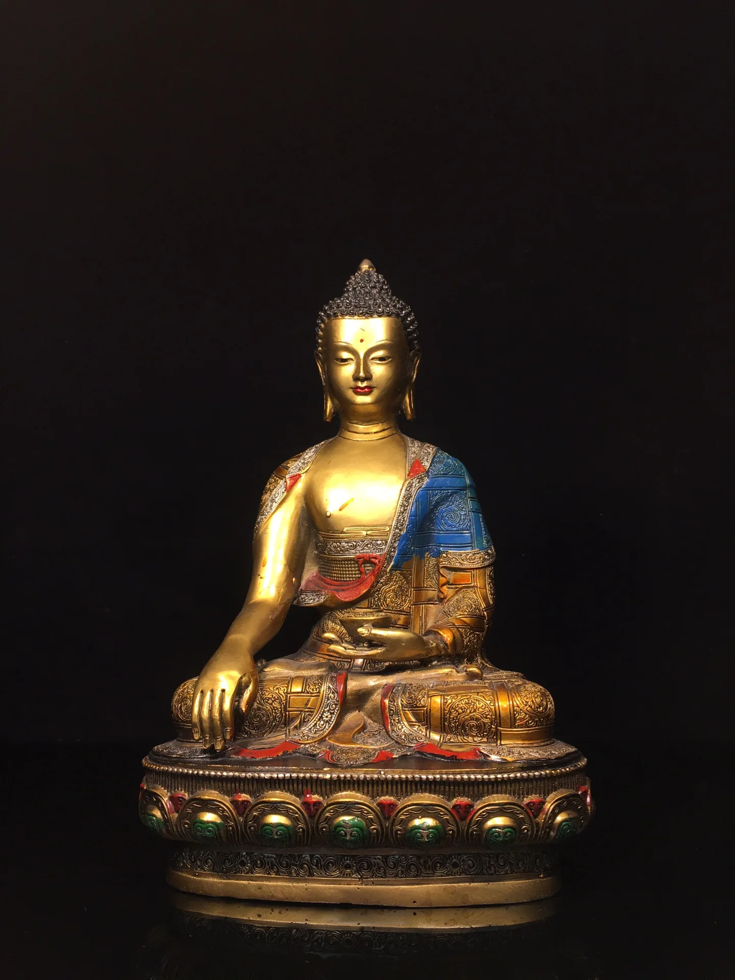 

12"Tibet Temple Collection Old Bronze Gilding Painted Shakyamuni Sitting Buddha Lotus Platform Worship Hall Town house