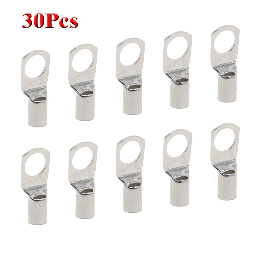 

30Pcs Copper Battery Terminals Cable Lug SC10-6 10-8 10-10 Bolt Hole Tinned Bare Cable Lugs Copper Ring Wire Connector Terminal