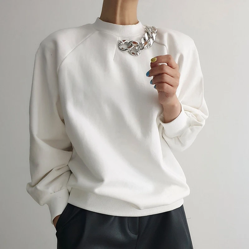 

Autumn Women's Clothing Korean Fashion Loose Leisure Pullover Solid Color Half Turtleneck Chain Raglan Sleeves Long Sleeves Tops