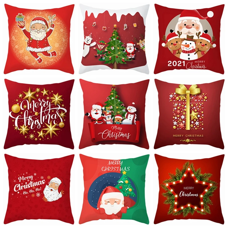 

45*45cm Red Merry Christmas Cushion Cover Pillowcase 2021 Christmas Decorations for Home Xmas Noel Ornament New Year Gift