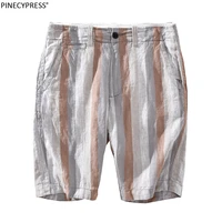 100 linen cool anti uv summer fashion striped hemp male sweatshorts casual pockets zipper beach knee length men shorts