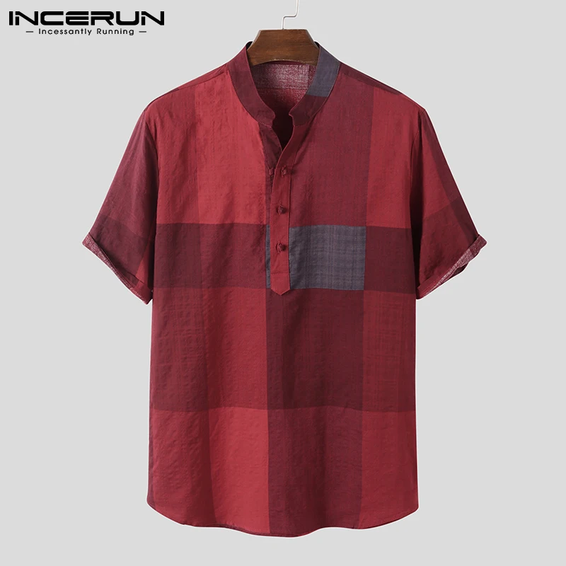 

INCERUN Men Plaid Shirt Stand Collar Cotton Short Sleeve Button Vintage Casual Men Clothing 2022 Breathable Leisure Camisetas