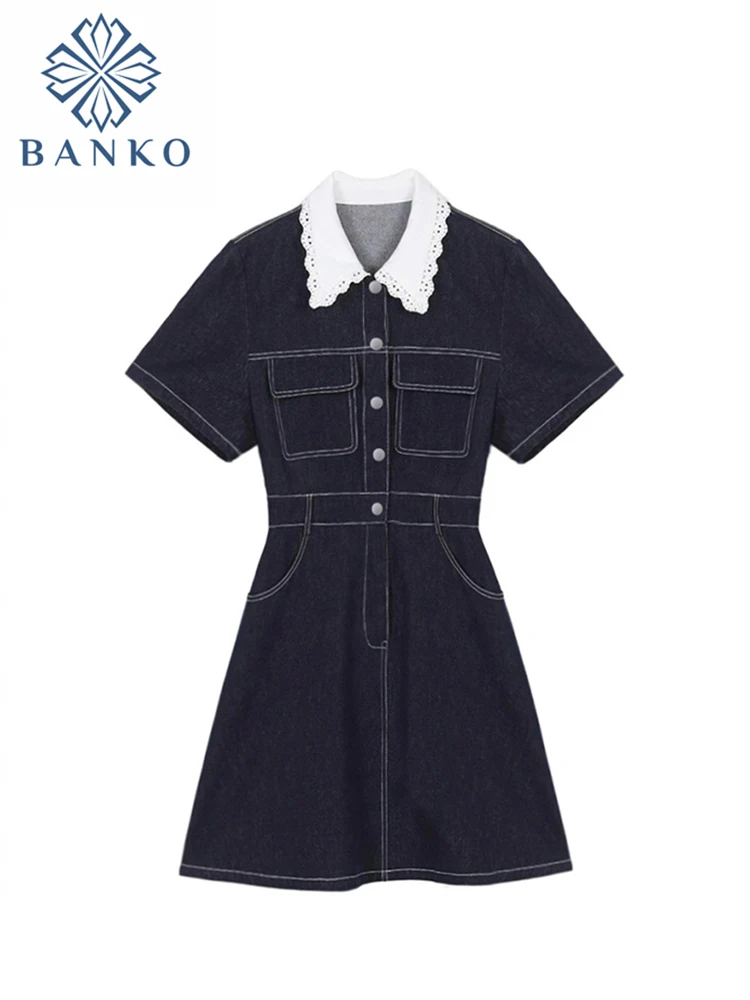 

Женское ажурное кружевное джинсовое платье в стиле пэчворк, новинка 2023, модное женское мини-платье с отворотом и коротким рукавом, а-силуэт, винтажное, уютное, шикарное