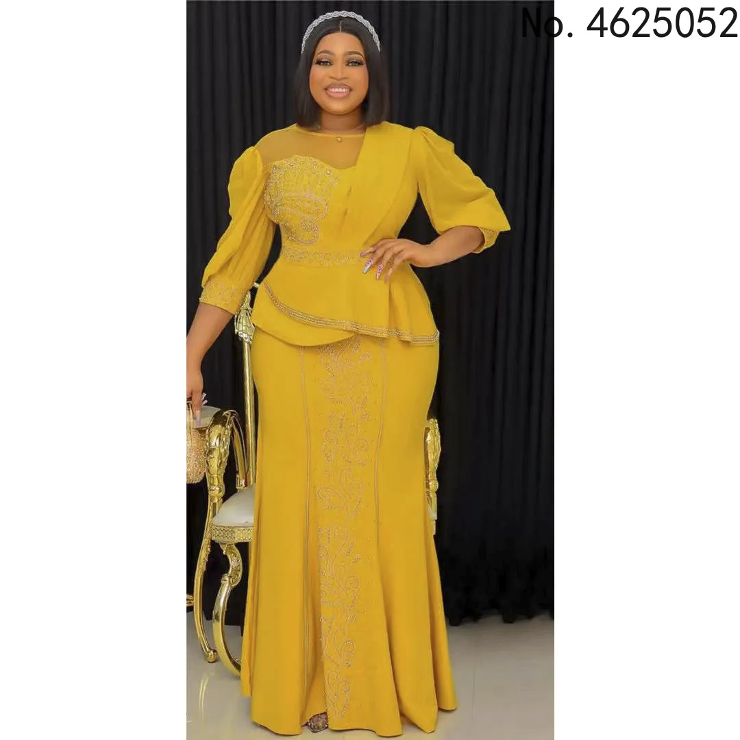 

Yellow Blue Black African Clothes Women Spring Autumn African Women Round Neck Polyester Two Pieces Sets Top and Long Skirts