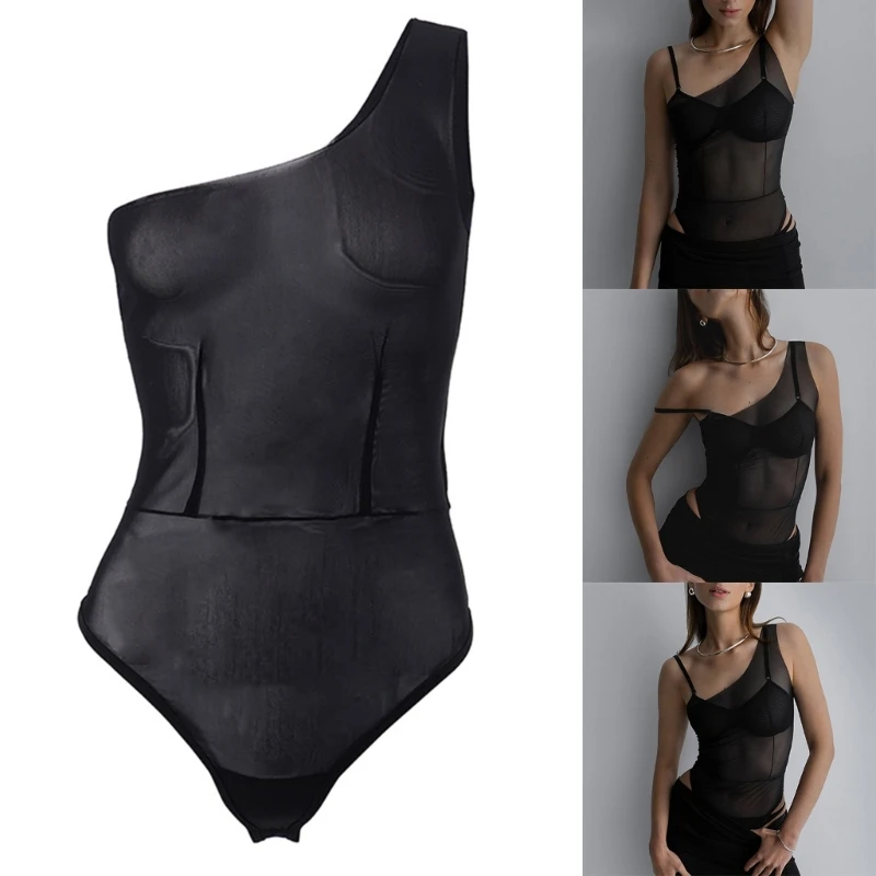 

Women Sexy One Shoulder Sleeveless Mesh Bodysuit Top Leotard Jumpsuits Clubwear