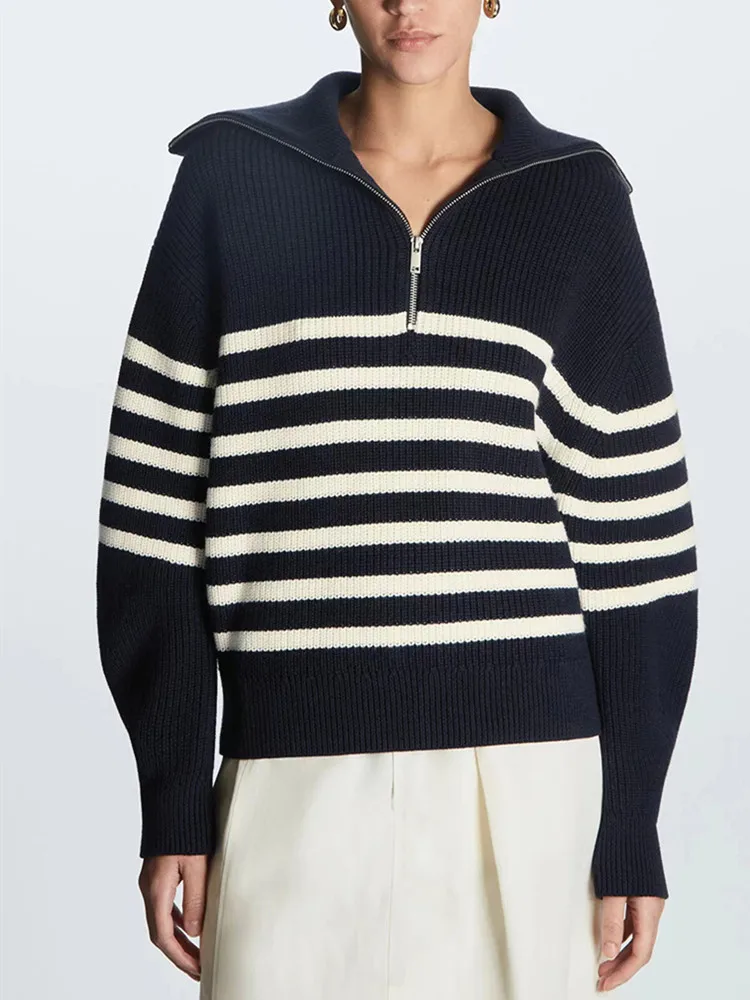 

Женские свободные облегающие свитера в полоску из смески шерсти, модная новинка 2022, повседневный трикотажный топ на молнии с отложным воротником