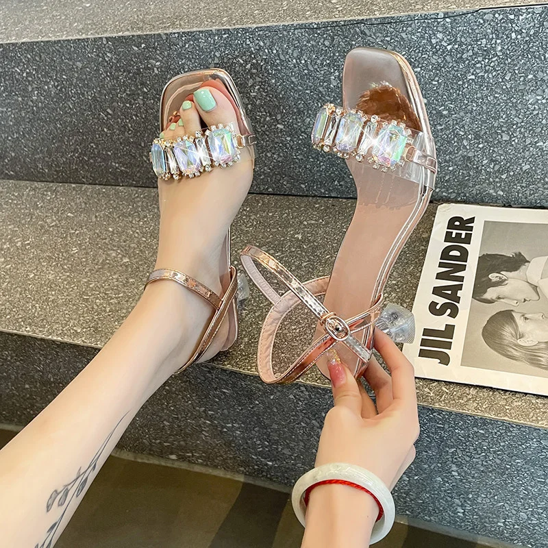 

2023 Crystal Square Toe Rome Women Shoes Buckle Strap Fashion Show Women's Sandals Strange Heels Hand-made High-heeled Sandals