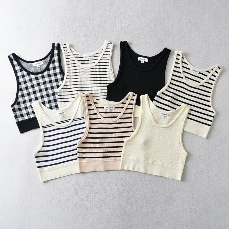 

Summer Women's New Round Neck Slim Striped Short Tank Crop Top