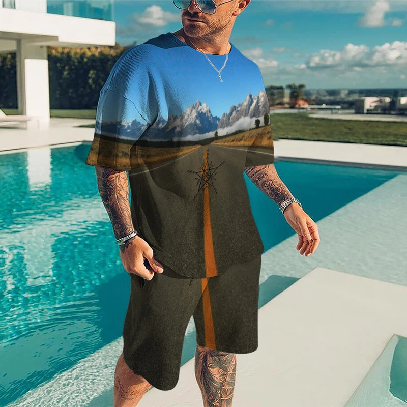 Summer Men Sunset Landscape Print  Short-Sleeve  Fitnes Cools Homewear T-Shirt + Shorts 2 Pieces Set  Male Tracksuits Oversized