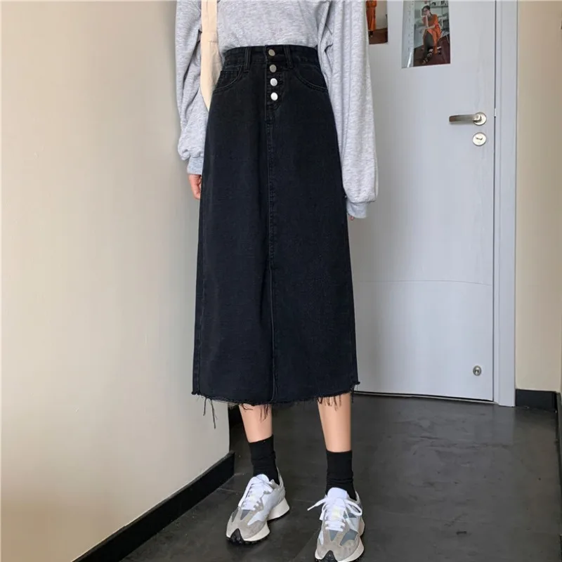 Vintage Long Midi Denim Skirts Women 2021 High Waist Button Pockets Split Jeans Straight Irregular Tassels Midi Skirts