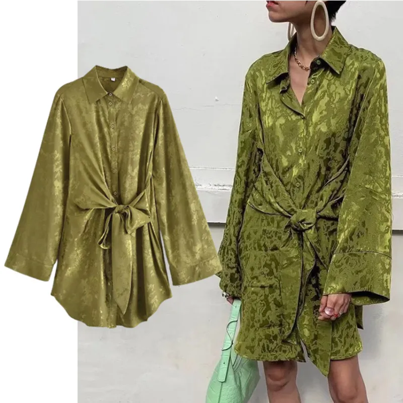 

Za Women Dress 2021 Women Fashion Olive Green Satin Jacquard Lace-Up Flared Sleeve Dress Chic Elegant Casual Summer Dresses